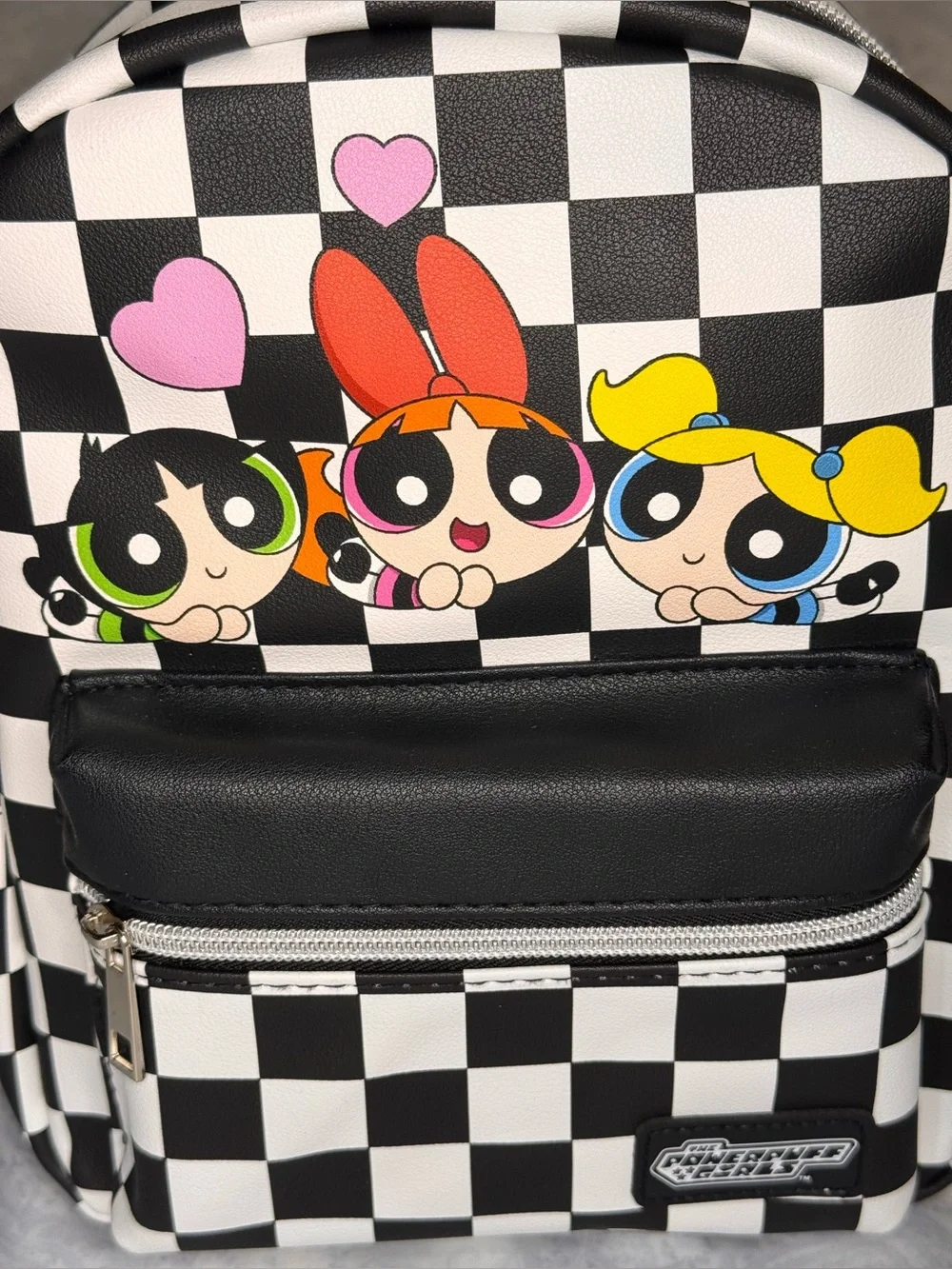 Powerpuff Girls Faux Pebbled Leather Black & White Check Mini Backpack